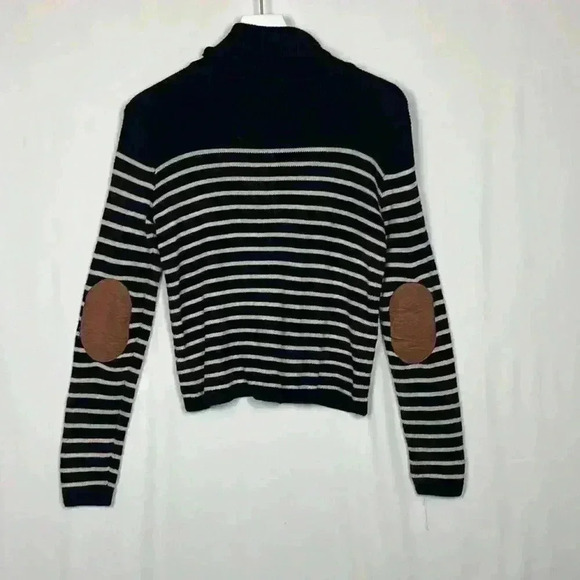 Forever 21 Womens Sweater Black/Cream Stripe M Ribbed Elbow Patches Turtleneck - Picture 8 of 11